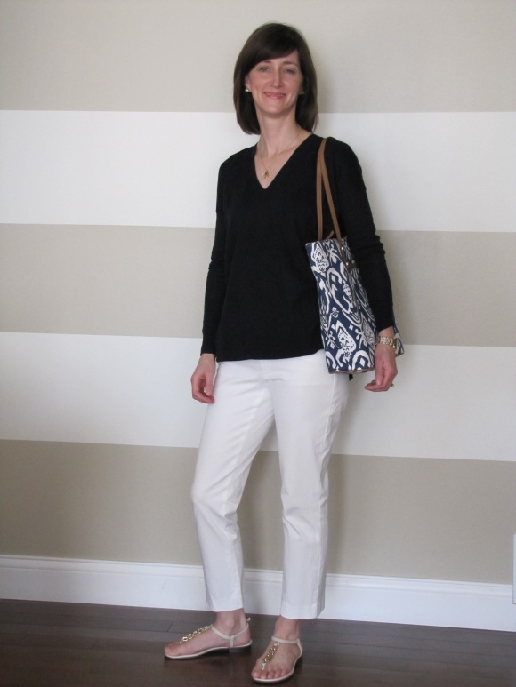 Another shot of the sweater. I think this will pair so well with white pants and sandals for spring and summer. Add some simple jewelry and a cute bag and you're done. Love. (Pants/Old - Banana Republic Factory; Bag and Jewelry/Available Now - Stella & Dot)