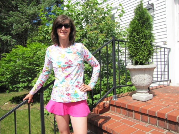 My new Lands End rash guard...I meant to get a shot of this while at the beach but got distracted...so here I am in all my bathing beauty glory on my parents' front steps...ha ha. (Lands End offers lots of other cute prints and bonus - looks like the tops are 50% off right now.)